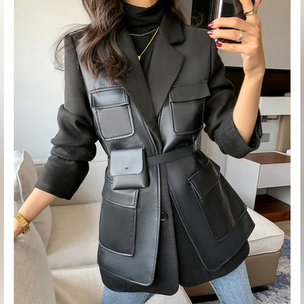 Autumn Black Patchwork Leather Jacket Women with Many Pockets Long Sleeve - Picture 4 of 10